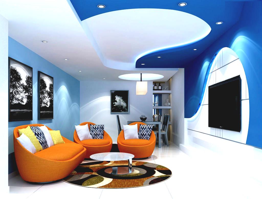 A living room with orange chairs and a tv

Description automatically generated